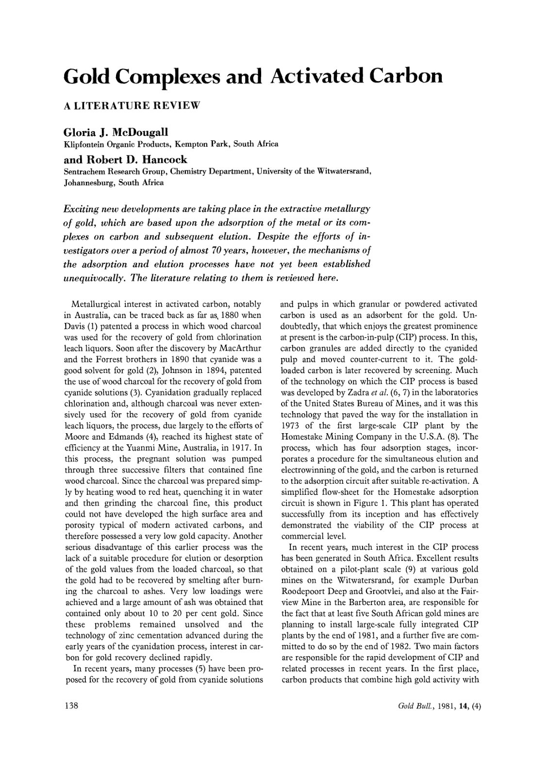 First page of Gold complexes and activated carbon