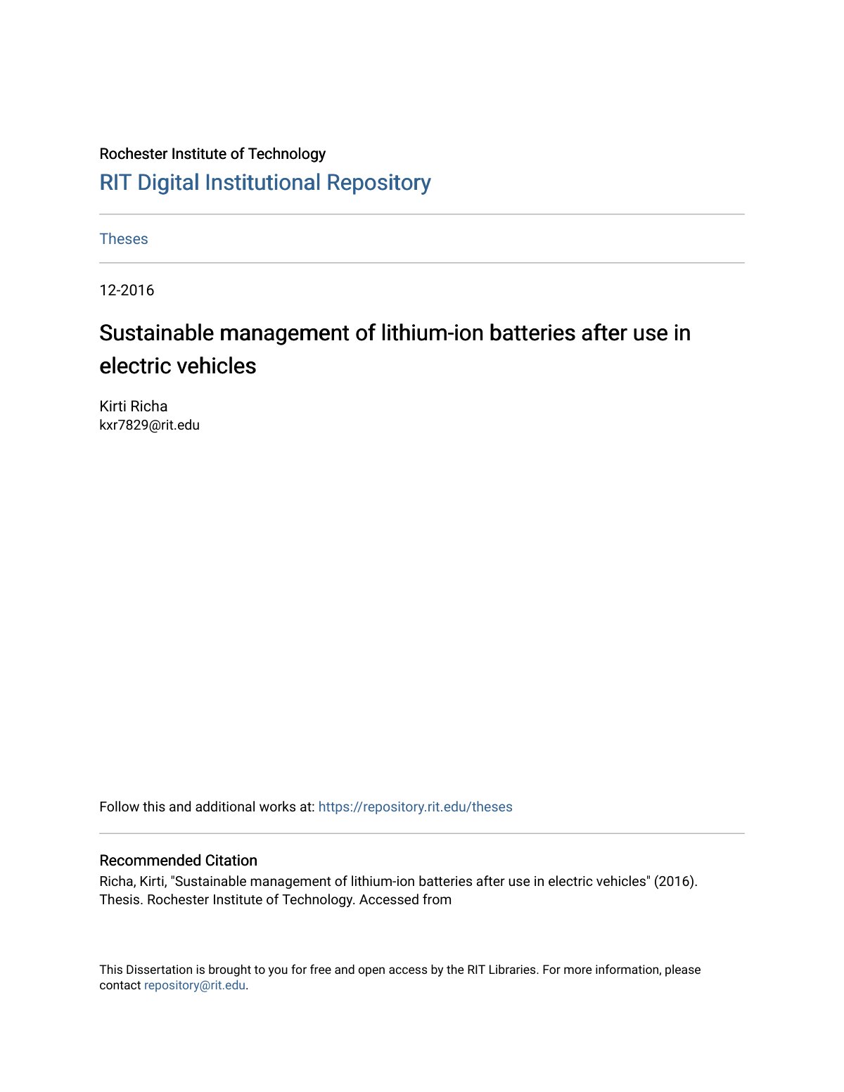 First page of Sustainable management of lithium-ion batteries after use in electric vehicles