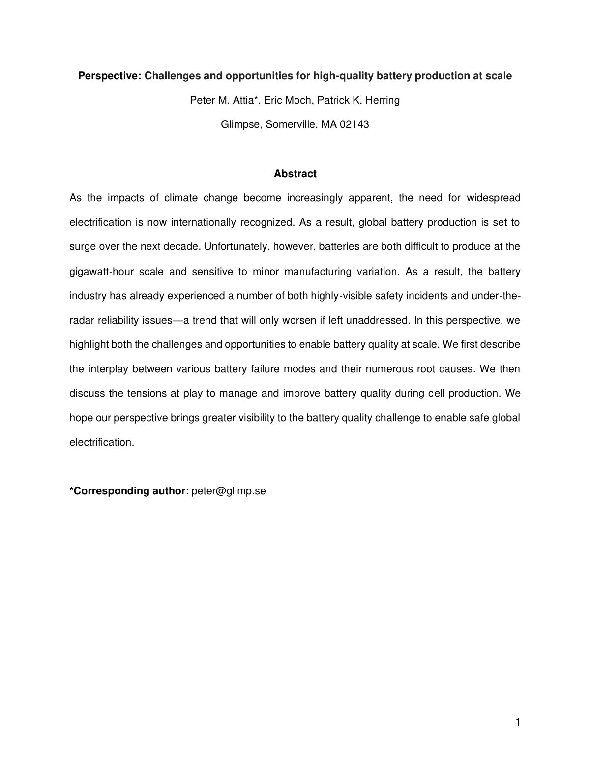 First page of Perspective: Challenges and opportunities for high-quality battery production at scale