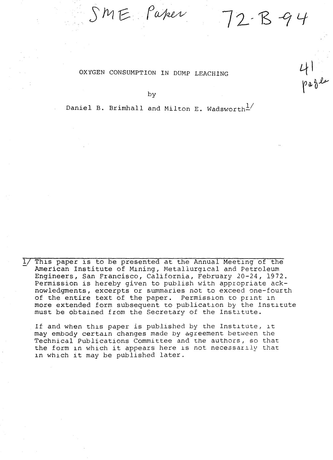 First page of OXYGEN CONSUMPTION IN DUMP LEACHING