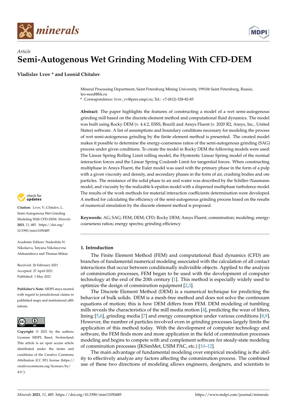 First page of Semi-Autogenous Wet Grinding Modeling With CFD-DEM