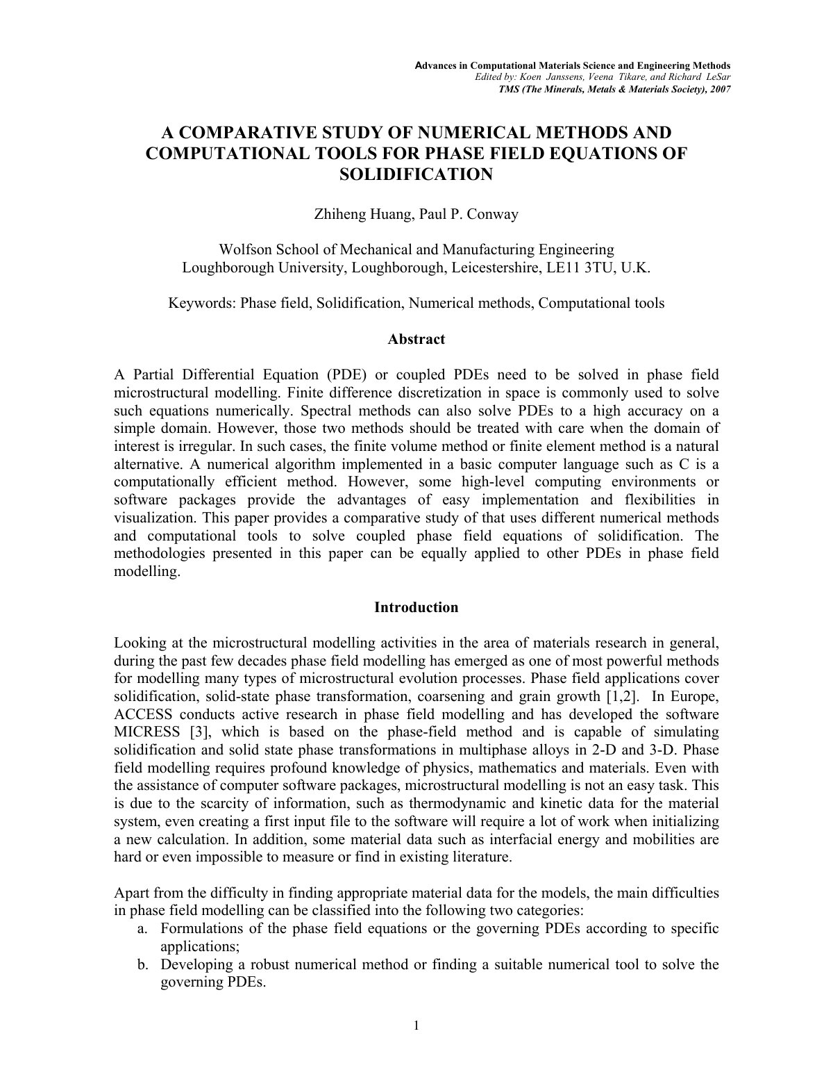 First page of A COMPARATIVE STUDY OF NUMERICAL METHODS AND COMPUTATIONAL TOOLS FOR PHASE FIELD EQUATIONS OF SOLIDIFICATION