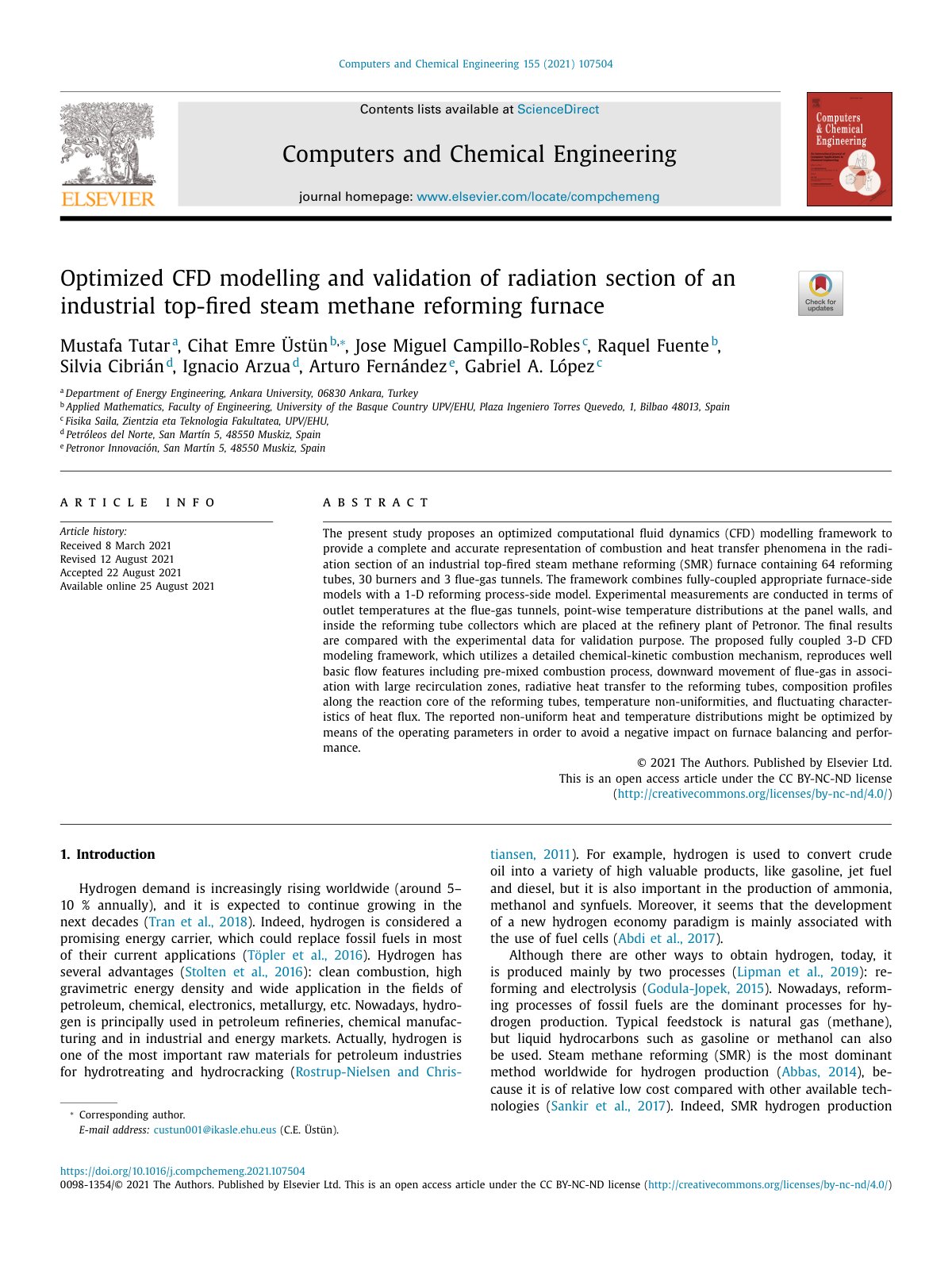 First page of Optimized CFD modelling and validation of radiation section of an industrial top-ﬁred steam methane reforming furnace