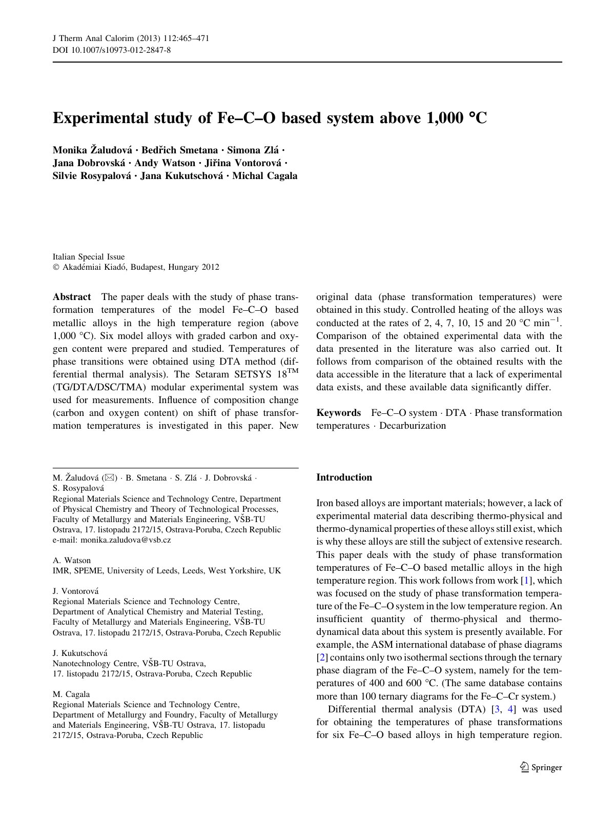 First page of Experimental study of Fe C O based syste