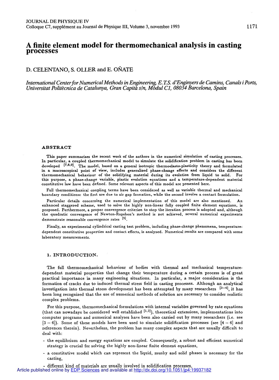 First page of A finite element model for thermomechanical analysis in casting processes