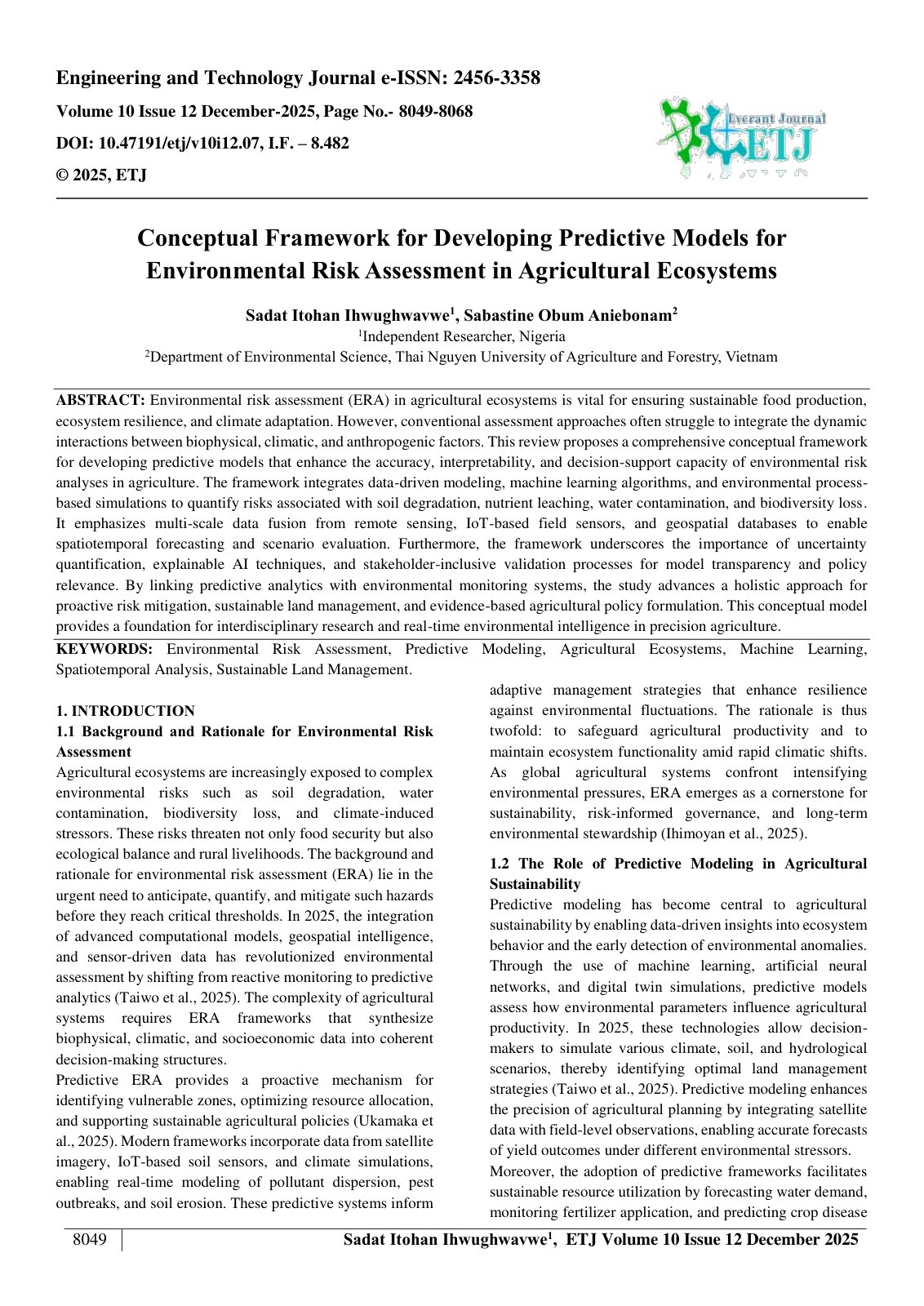 First page of Conceptual Framework for Developing Predictive Models for  Environmental Risk Assessment in Agricultural Ecosystems  