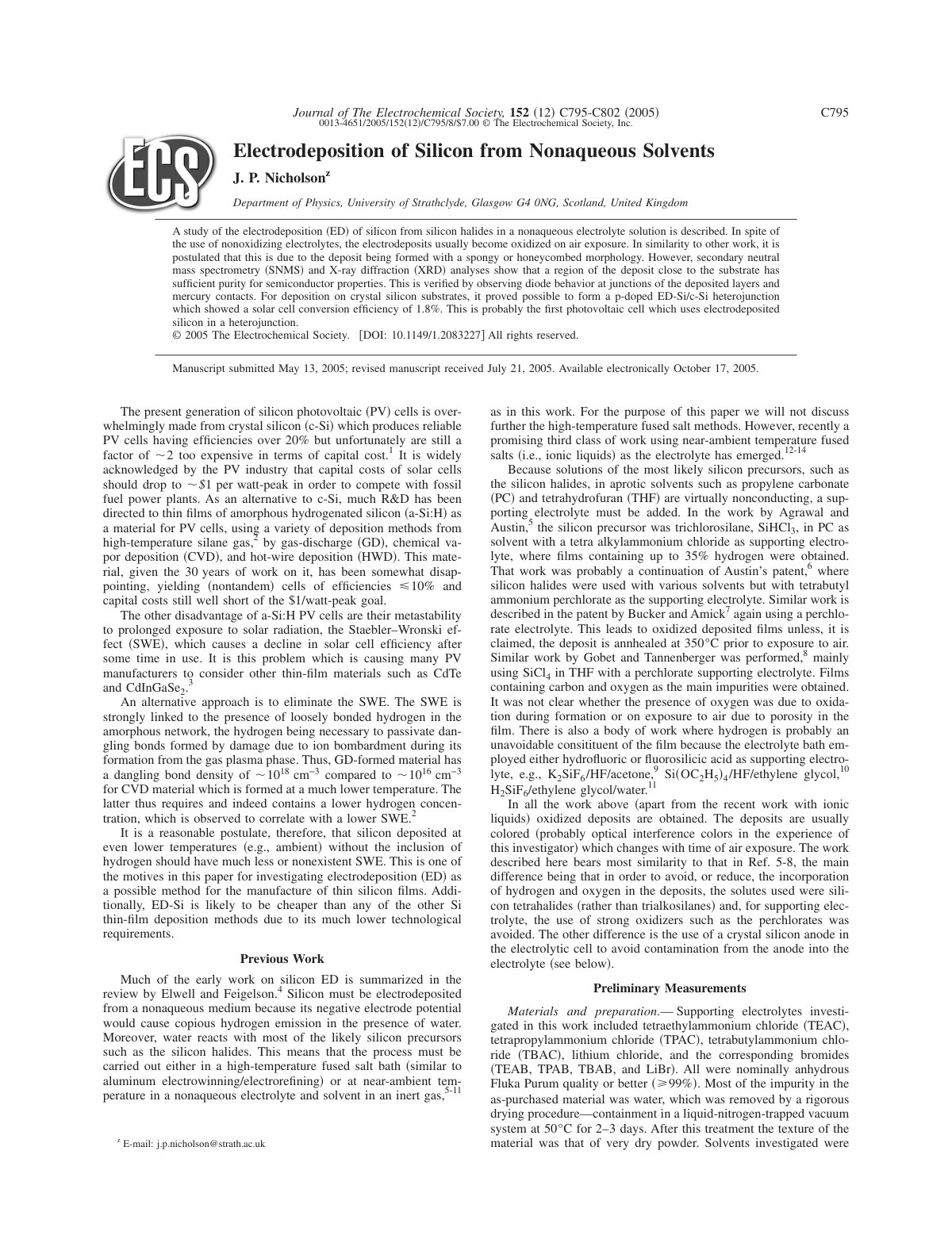 First page of Electrodeposition of Silicon from Nonaqu
