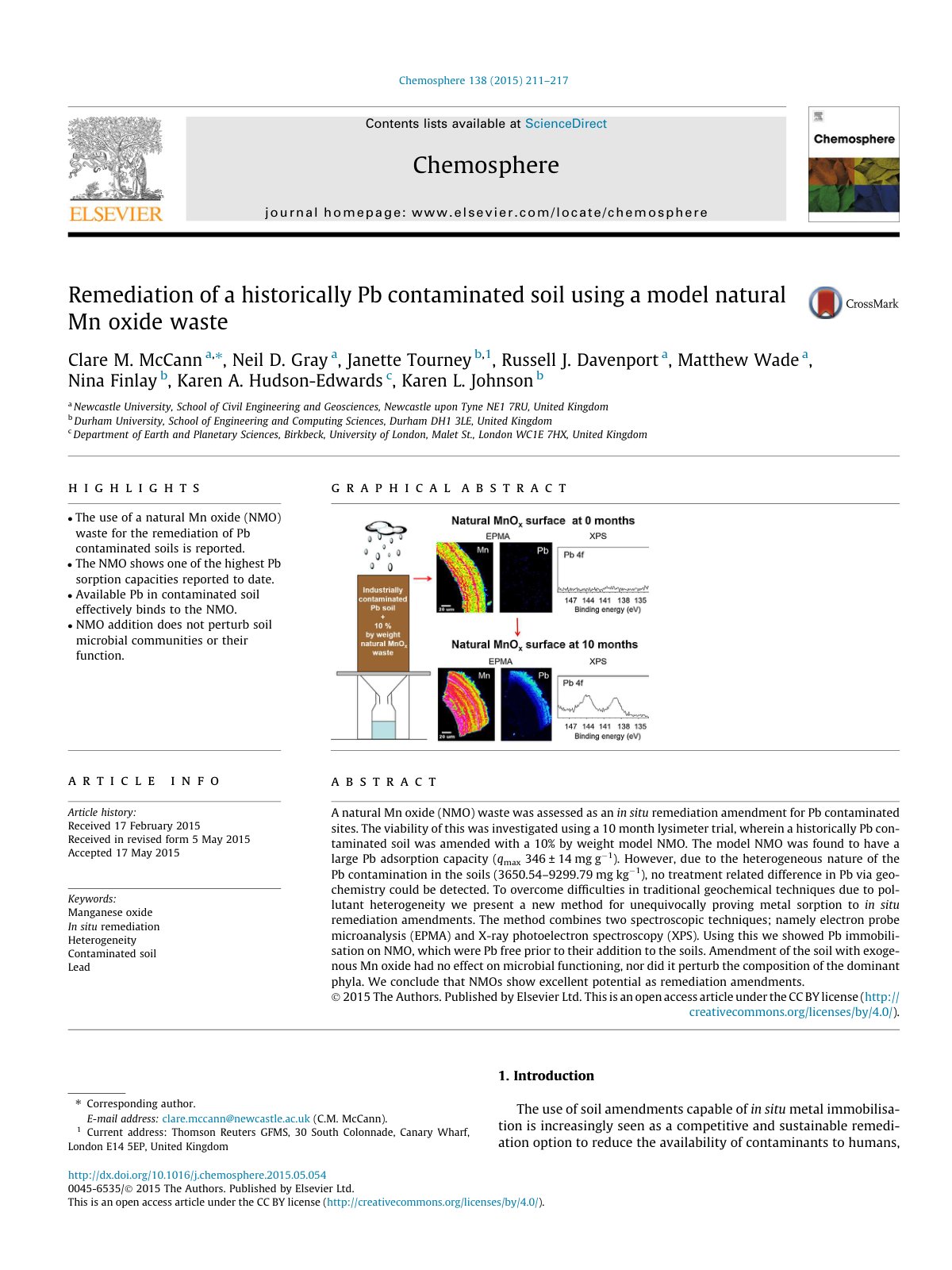 First page of Remediation of a historically Pb contaminated soil using a model natural Mn oxide waste