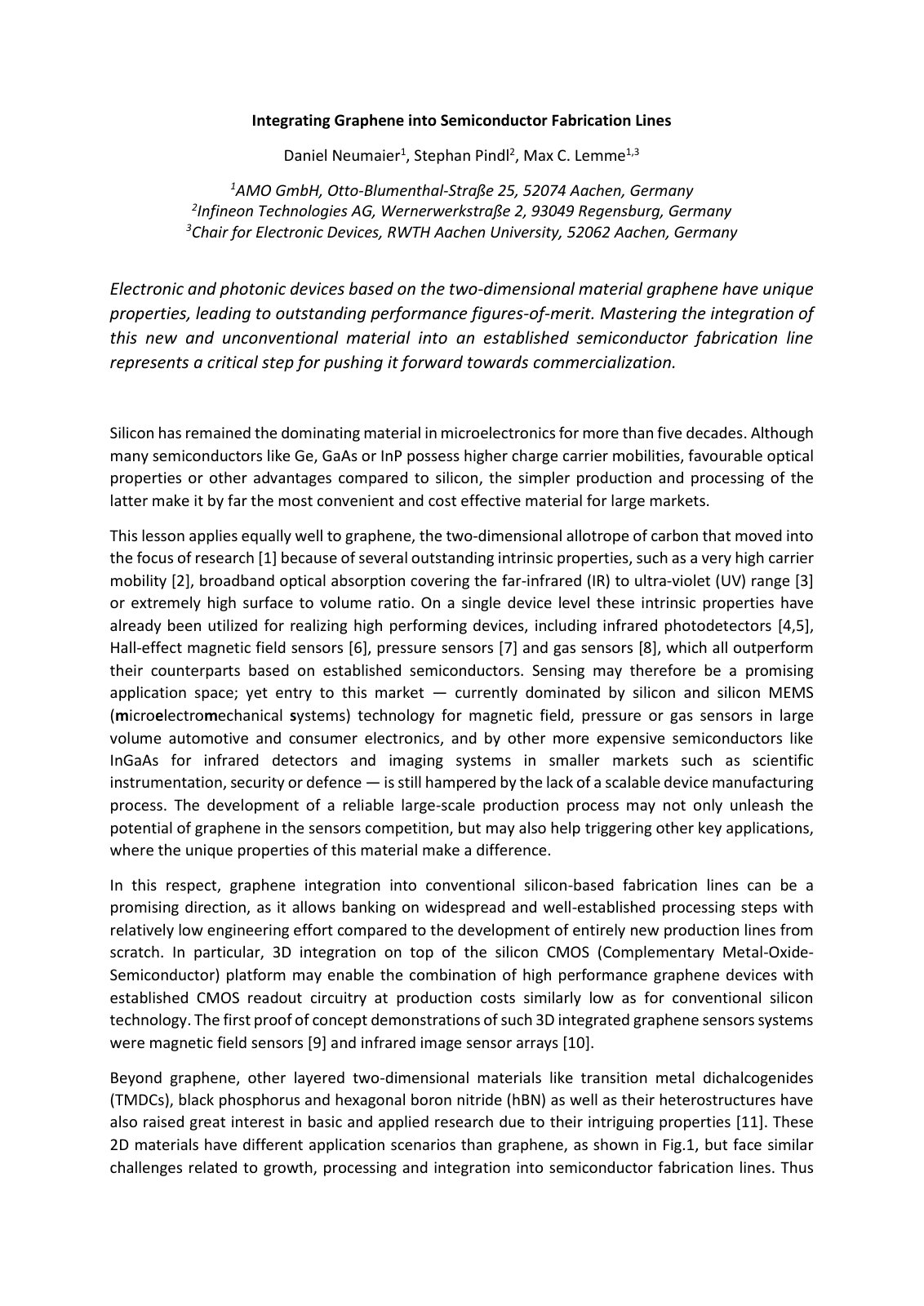 First page of Integrating Graphene into Semiconductor Fabrication Lines