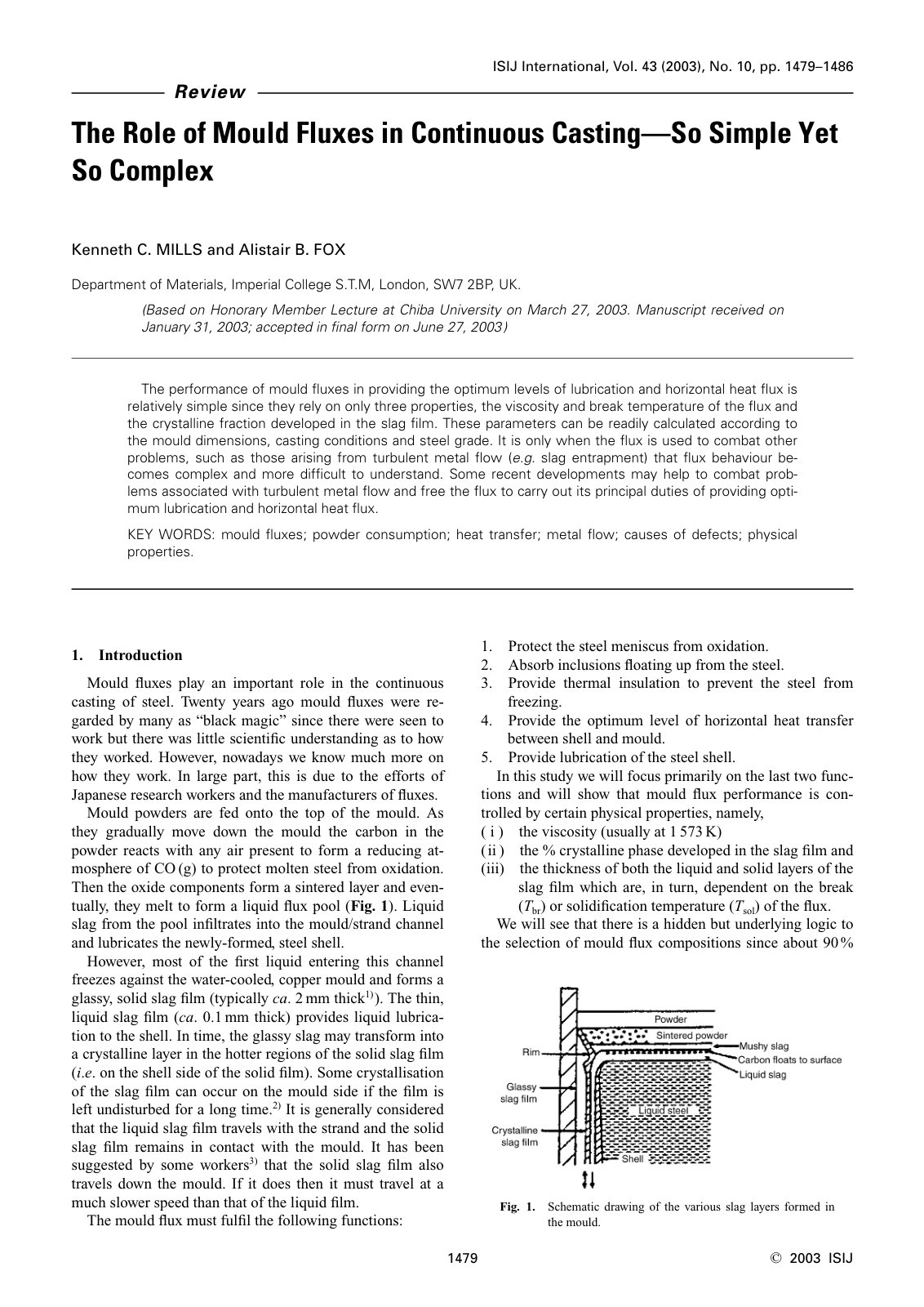 First page of 2003 Kenneth C. Mills The Role of Mould Fluxes in Continuous Casting So Simple Yet So Complex isijinternational.43.1479