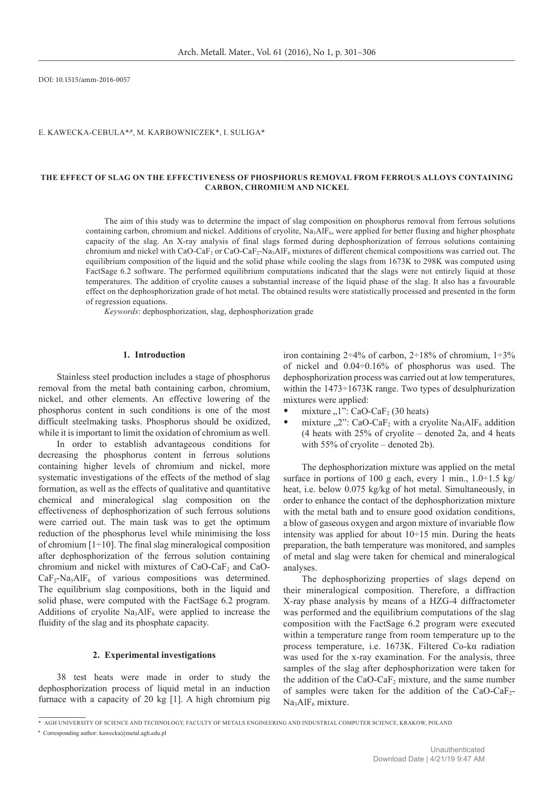 First page of THE EFFECT OF SLAG ON THE EFFECTIVENESS OF PHOSPHORUS REMOVAL FROM FERROUS ALLOYS CONTAINING CARBON, CHROMIUM AND NICKEL