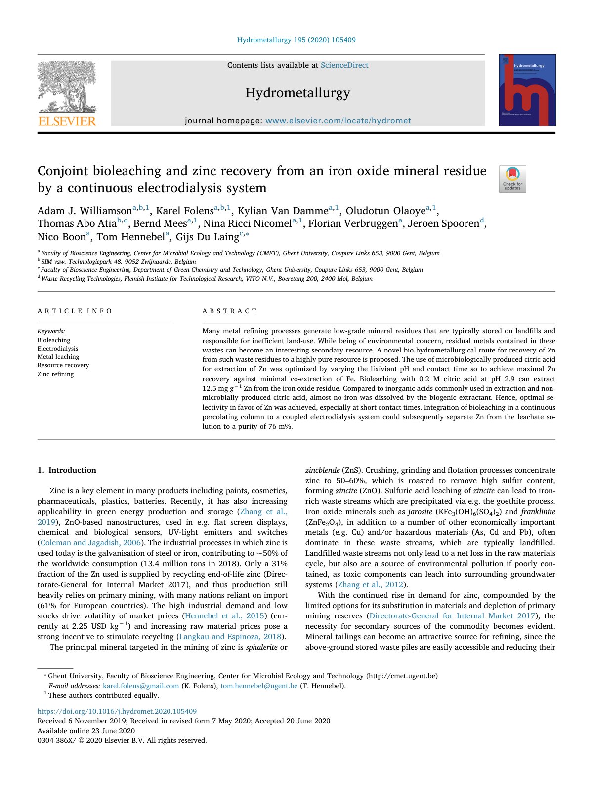 First page of Conjoint bioleaching and zinc recovery from an iron oxide mineral residue by a continuous electrodialysis system