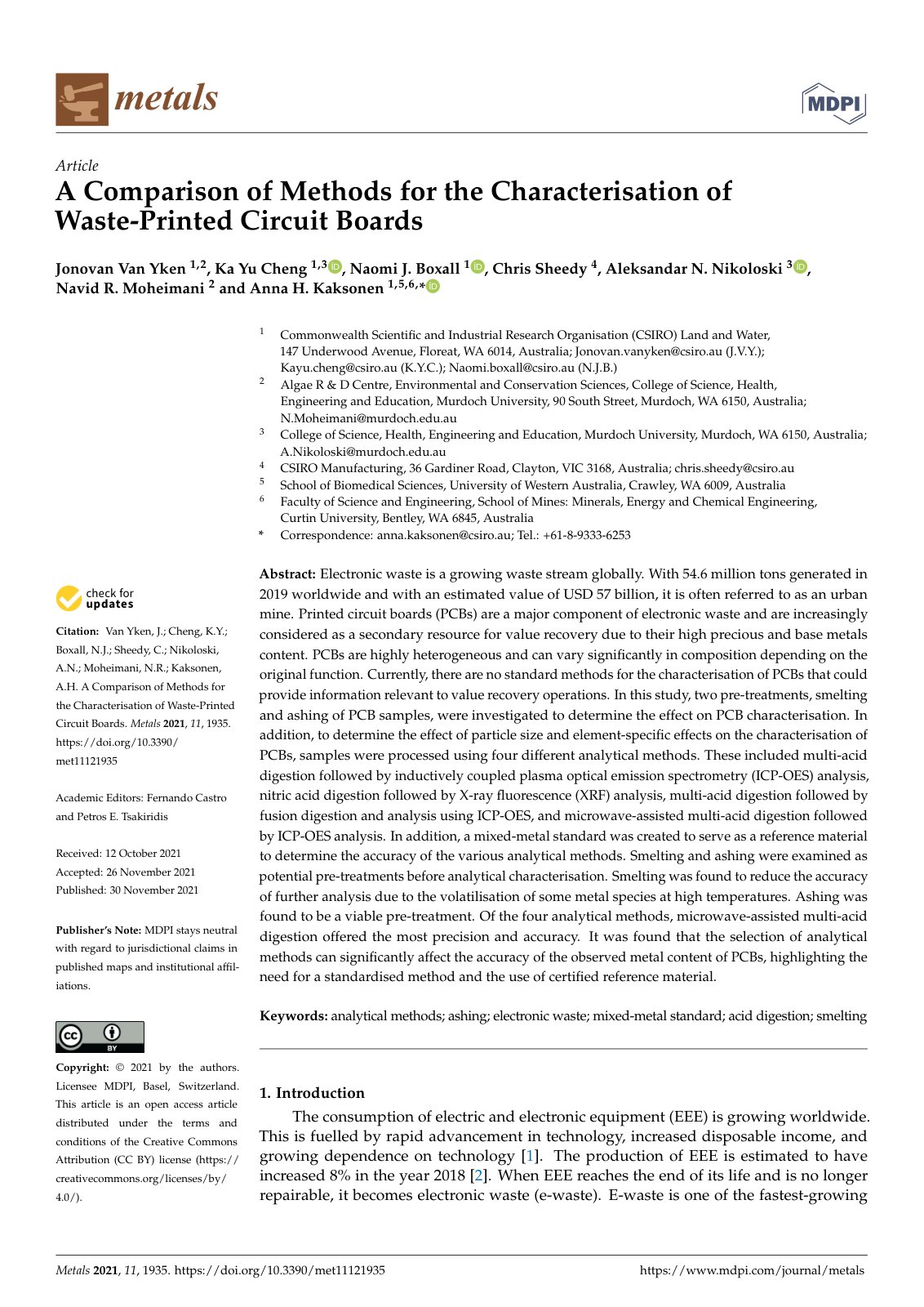 First page of A Comparison of Methods for the Characterisation of W aste-Printed Circuit Boards