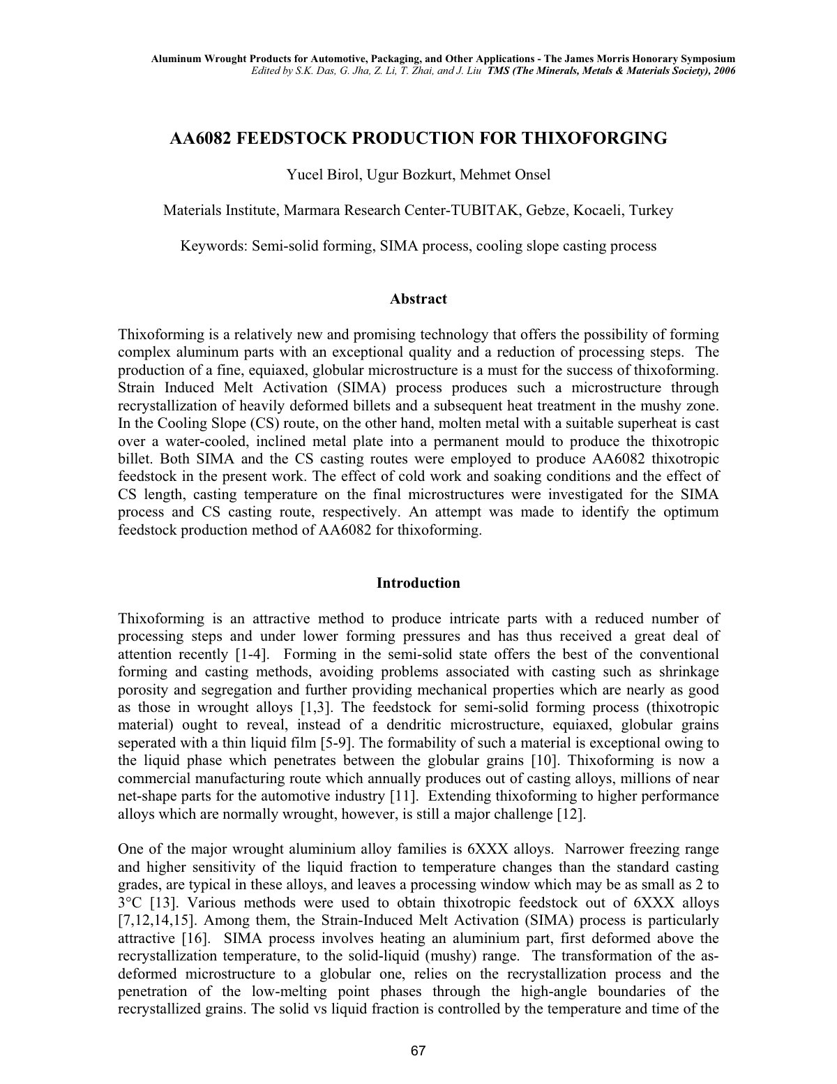 First page of AA6082 FEEDSTOCK PRODUCTION FOR THIXOFORGING
