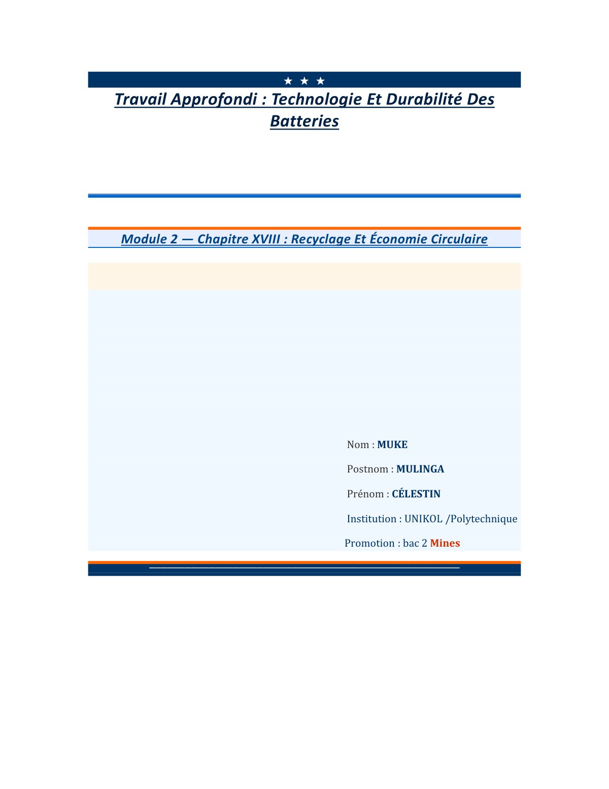 First page of Travail Approfondi : Technologie Et Durabilité Des Batteries Module 2 — Chapitre XVIII : Recyclage Et Économie Circulaire