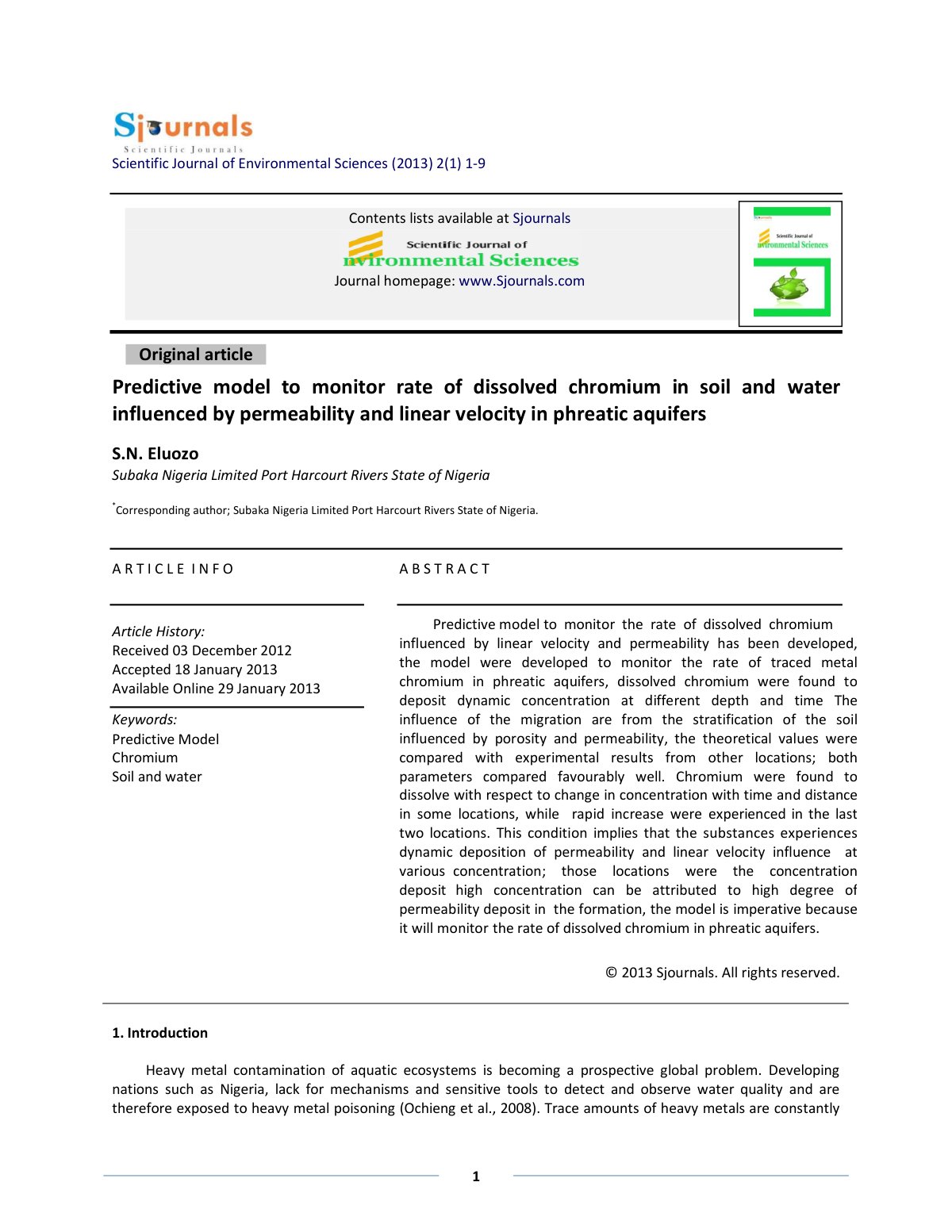 First page of Predictive model to monitor rate of dissolved chromium in soil and water influenced by permeability and linear velocity in phreatic aquifers
