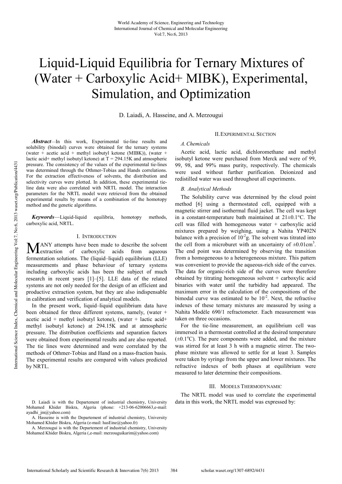 First page of Liquid Liquid Equilibria For Ternary Mix