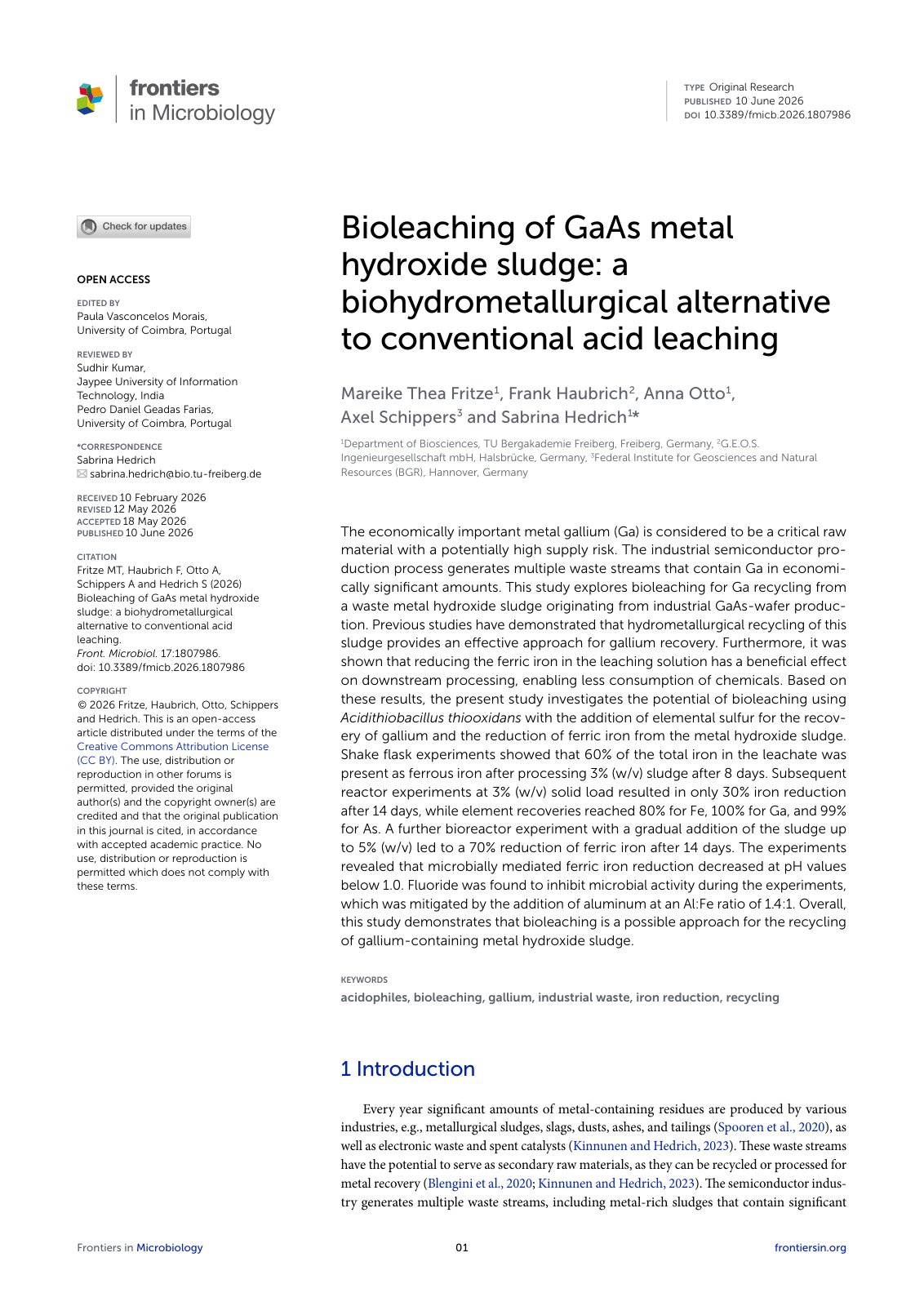 First page of Bioleaching of GaAs metal hydroxide sludge: a biohydrometallurgical alternative to conventional acid leaching