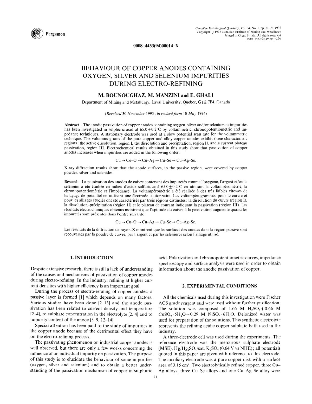 First page of BEHAVIOUR OF COPPER ANODES CONTAINING OXYGEN, SILVER AND SELENIUM IMPURITIES DURING ELECTRO-REFINING