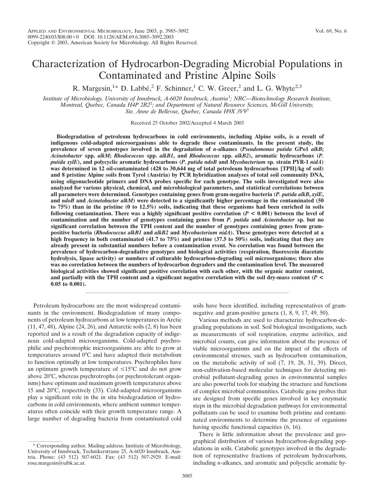 First page of Characterization of Hydrocarbon-Degrading Microbial Populations in Contaminated and Pristine Alpine Soils