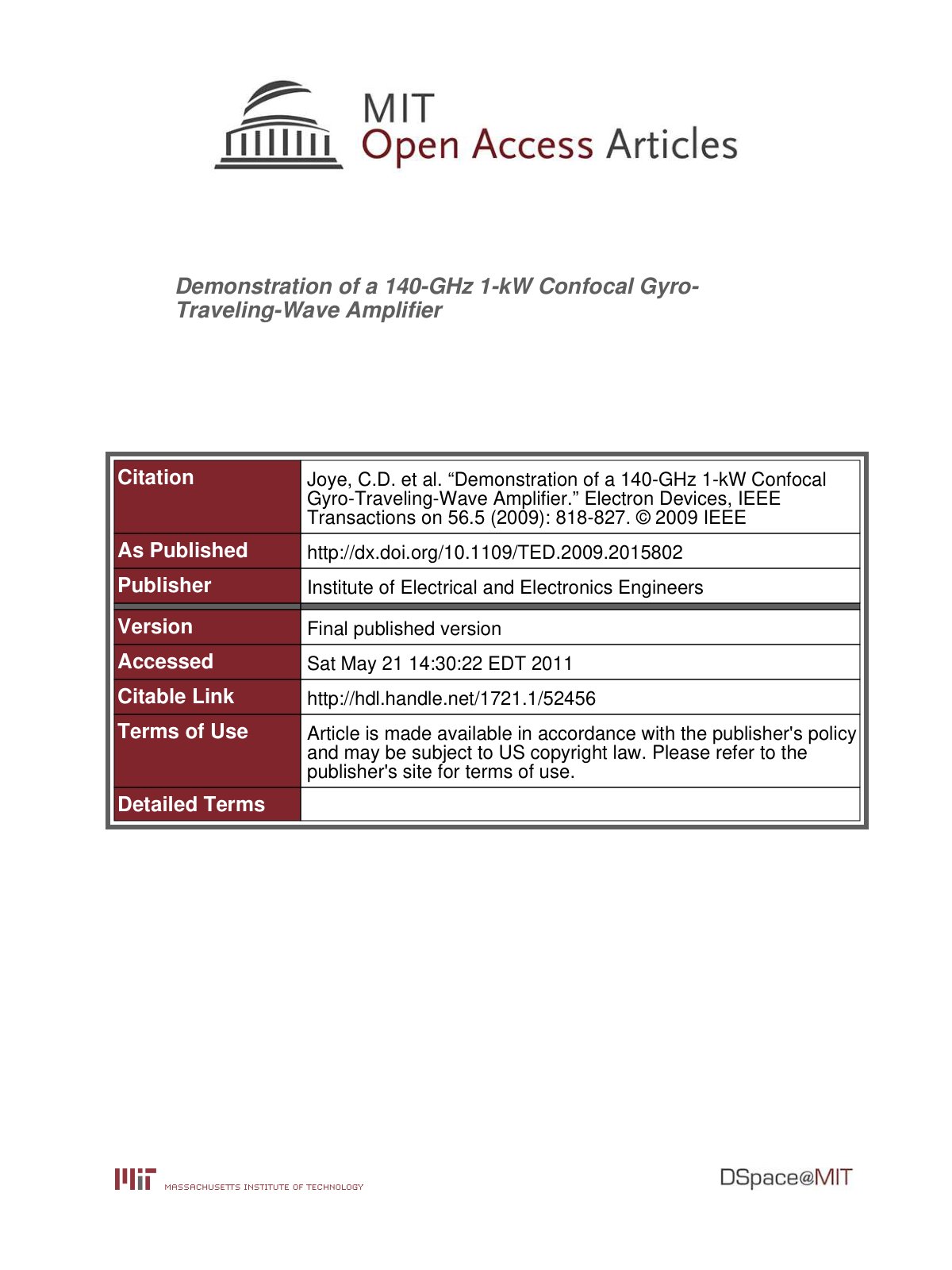 First page of Demonstration of a 140 GHz 1 kW Confocal