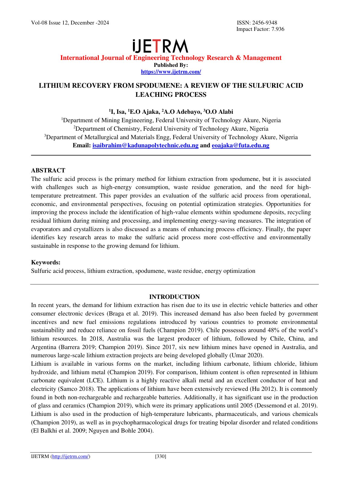 First page of LITHIUM RECOVERY FROM SPODUMENE A REVIEW