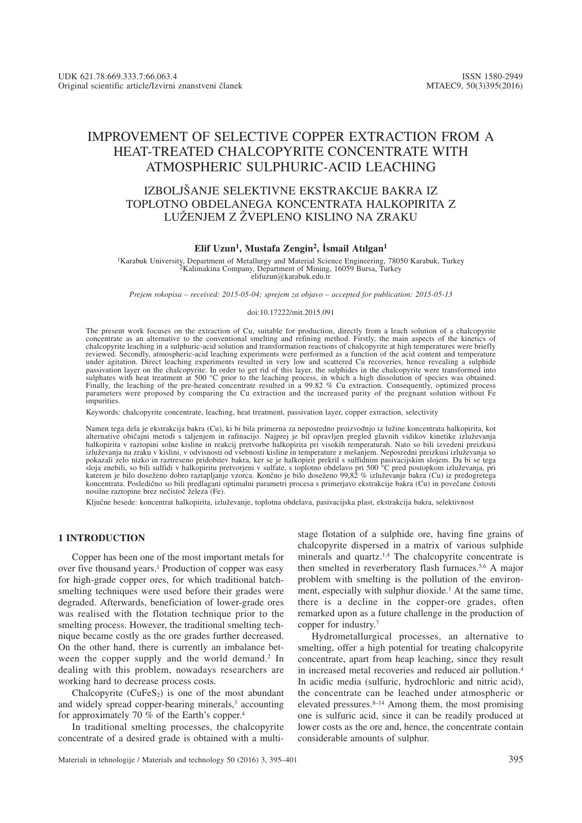 First page of Improvement of selective copper extracti