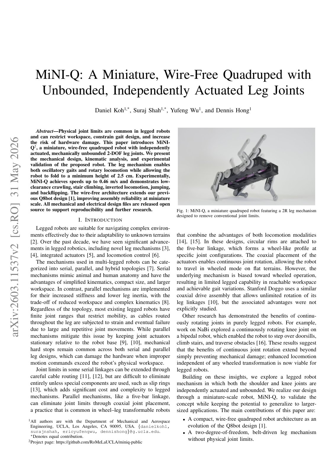 First page of MiNI-Q: A Miniature, Wire-Free Quadruped with Unbounded, Independently Actuated Leg Joints