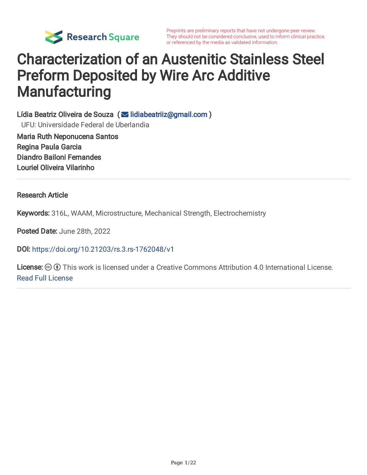 First page of Characterization of an Austenitic Stainless Steel Preform Deposited by Wire Arc Additive Manufacturing