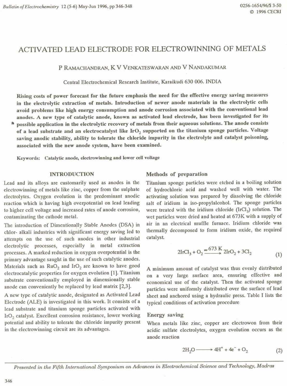 First page of Activated Lead Electrode for Electrowinning of Metals