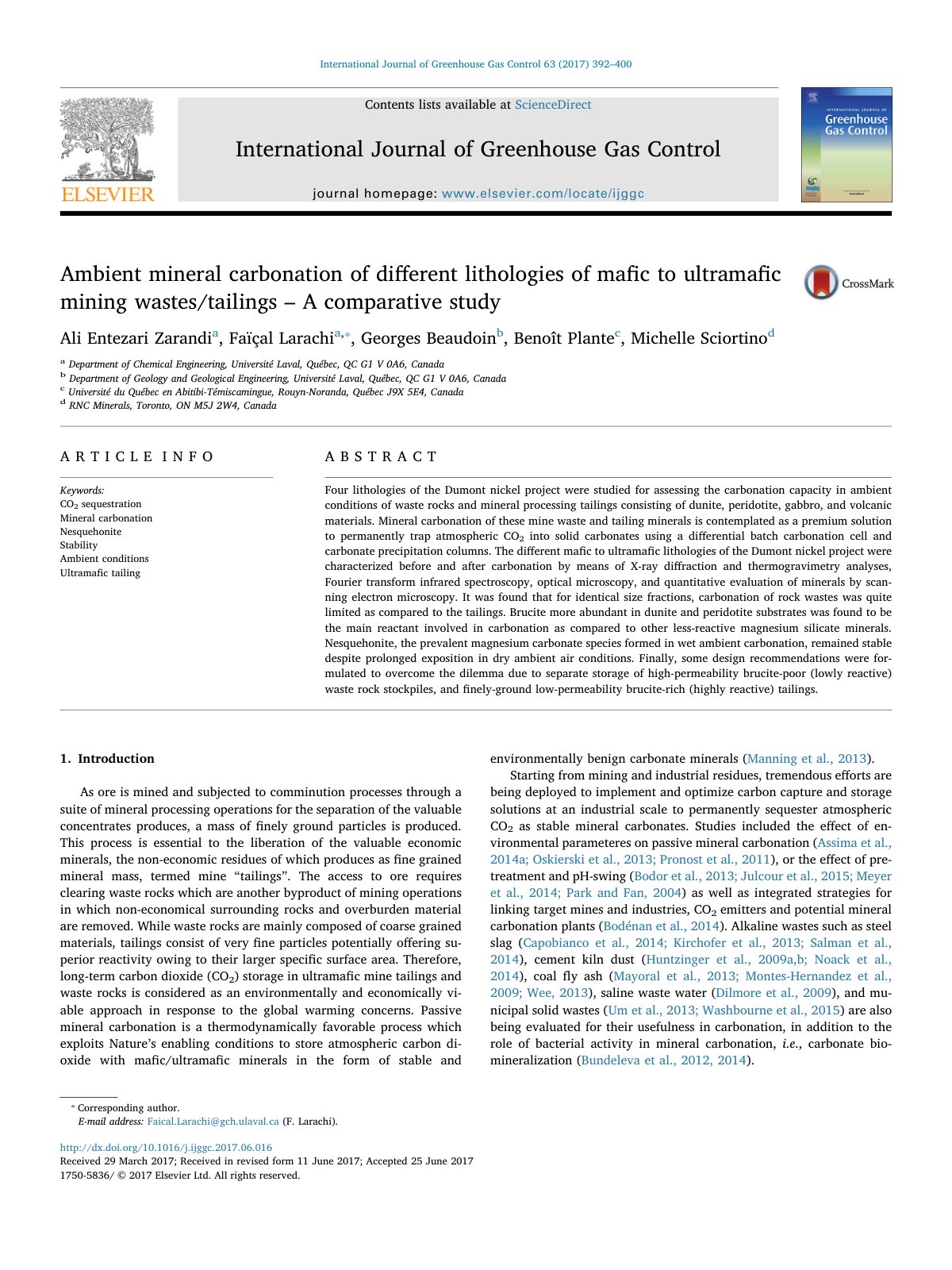 First page of Ambient mineral carbonation of different