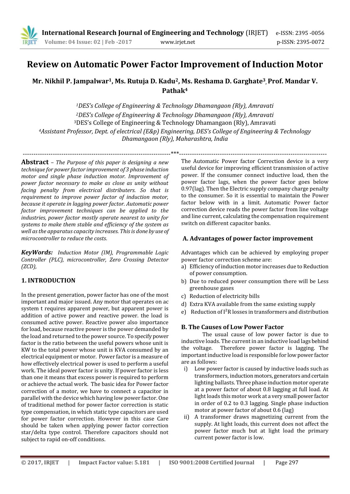 First page of Review on Automatic Power Factor Improvement of Induction Motor