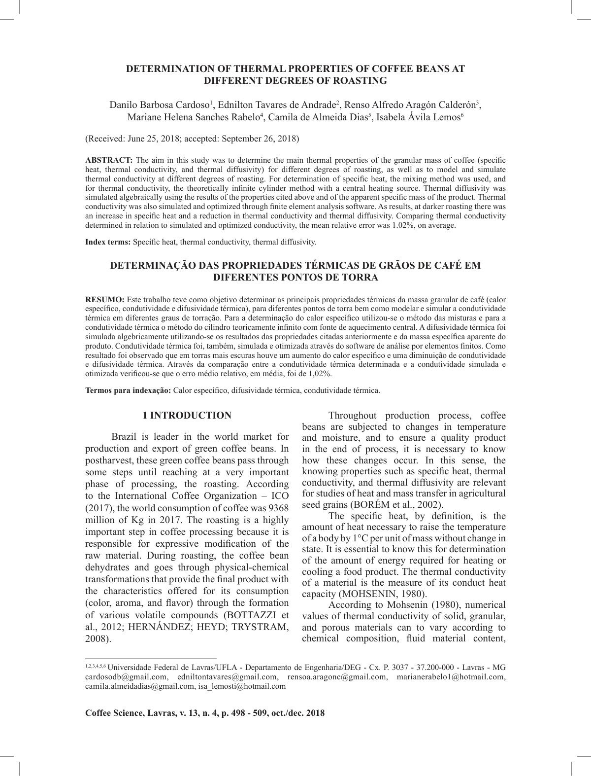 First page of DETERMINATION OF THERMAL PROPERTIES OF COFFEE BEANS AT DIFFERENT DEGREES OF ROASTING