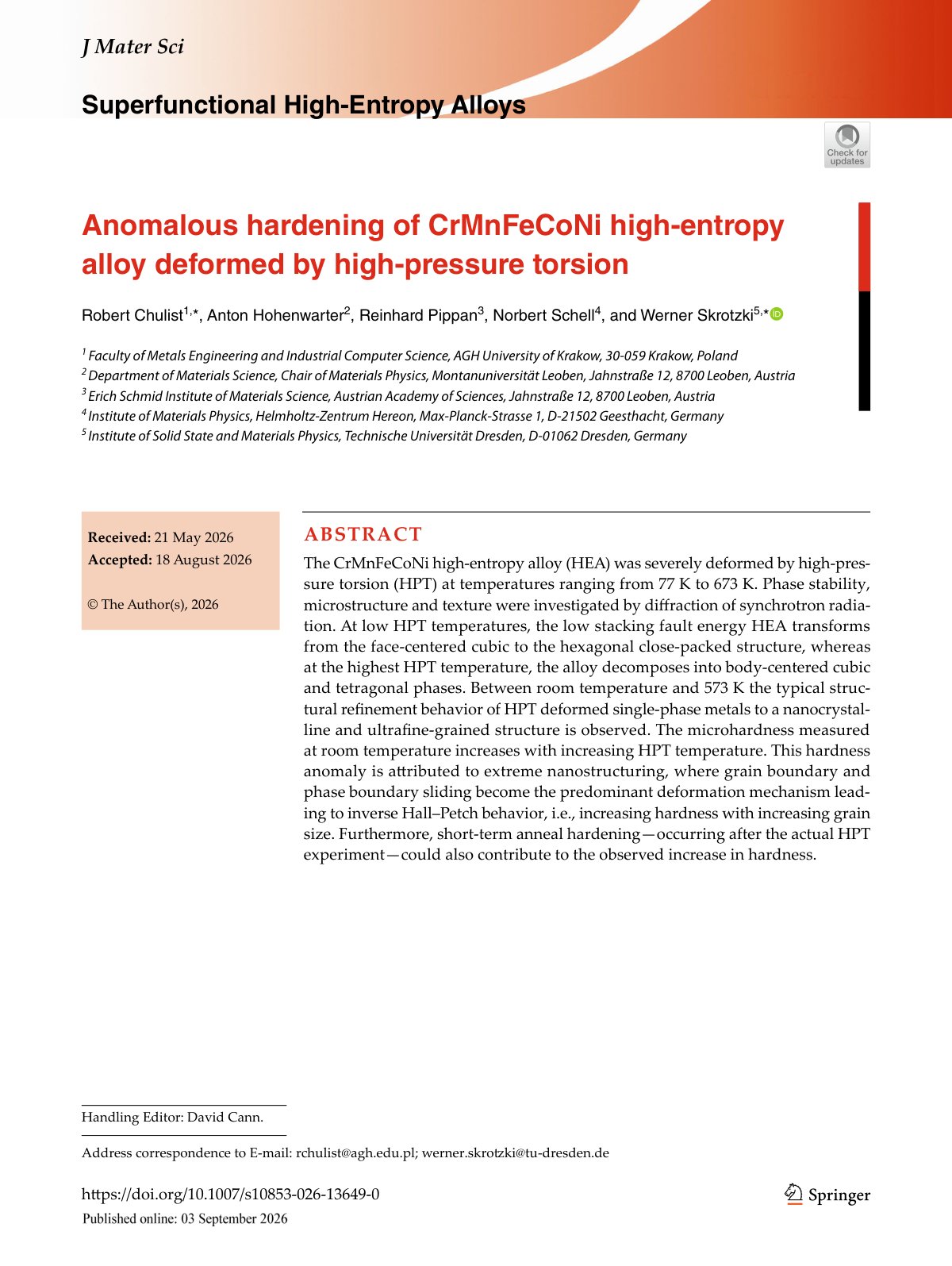 First page of 2026 Chulist CrMnFeCoNi HPT Anomalous Hardening