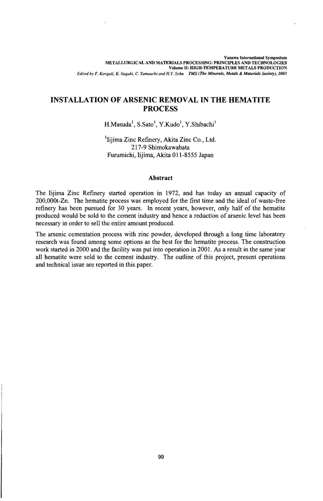 First page of INSTALLATION OF ARSENIC REMOVAL IN THE HEMATITE PROCESS