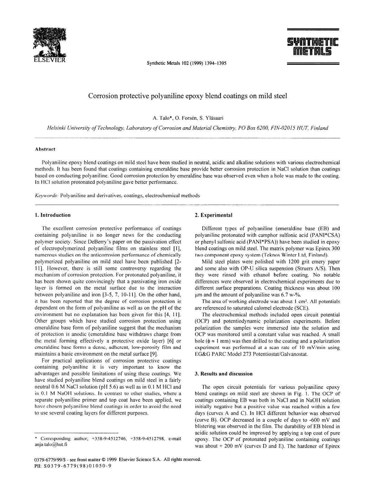 First page of Corrosion protective polyaniline epoxy blend coatings on mild steel