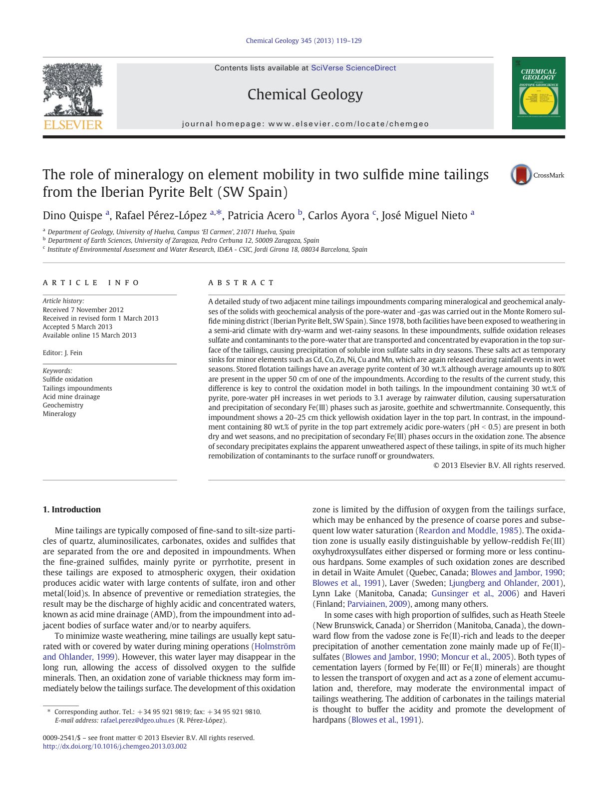 First page of The role of mineralogy on element mobility in two sulﬁde mine tailings from the Iberian Pyrite Belt (SW Spain)