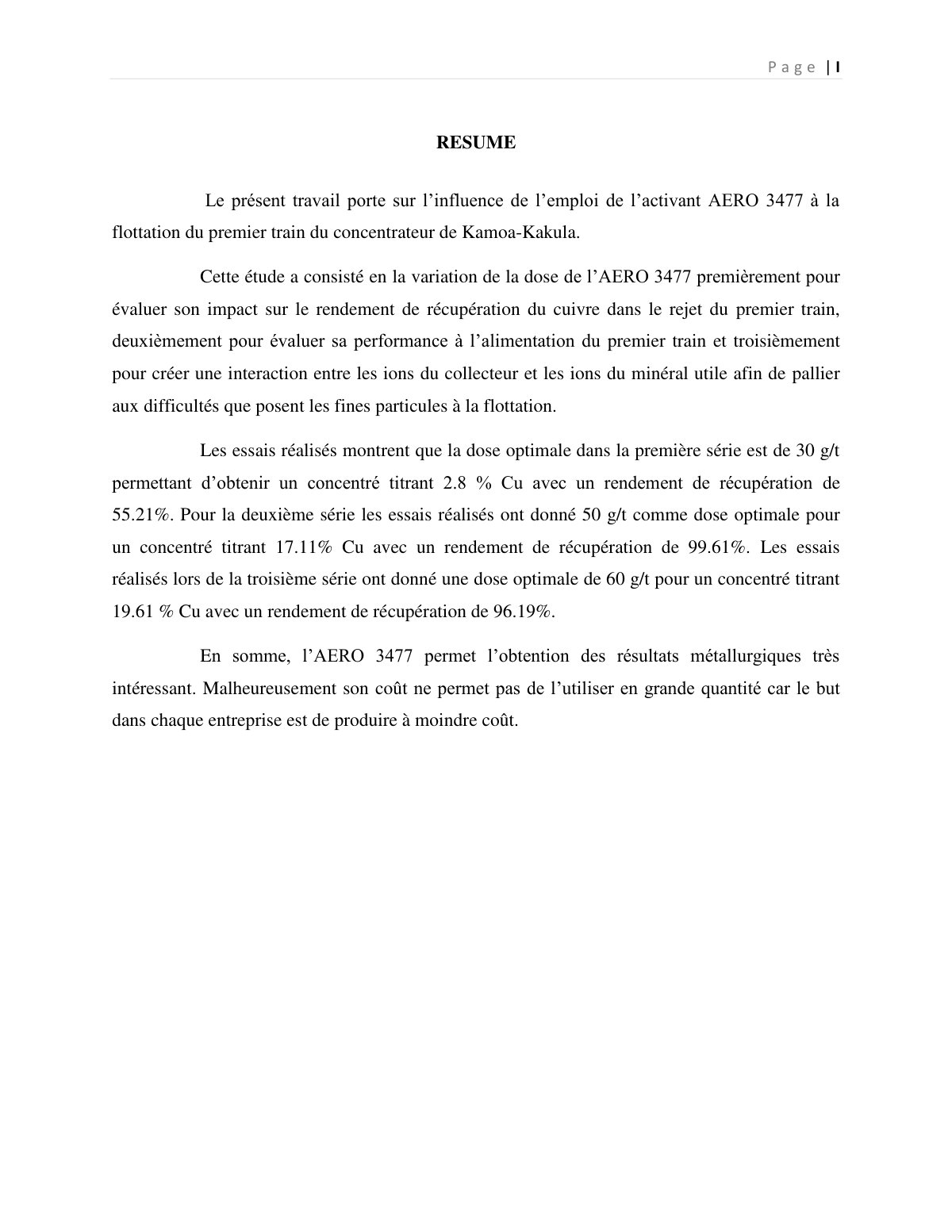 First page of L’influence de l’emploi de l’activant AERO 3477 à la flottation du premier train du concentrateur de Kamoa-Kakula