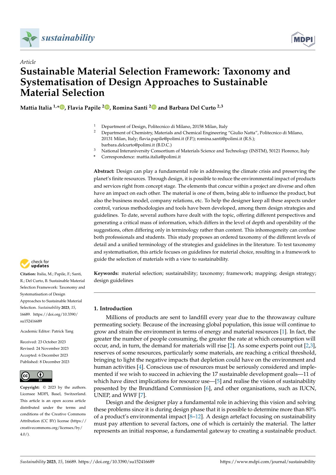 First page of Sustainable Material Selection Framework: Taxonomy and Systematisation of Design Approaches to Sustainable Material Selection