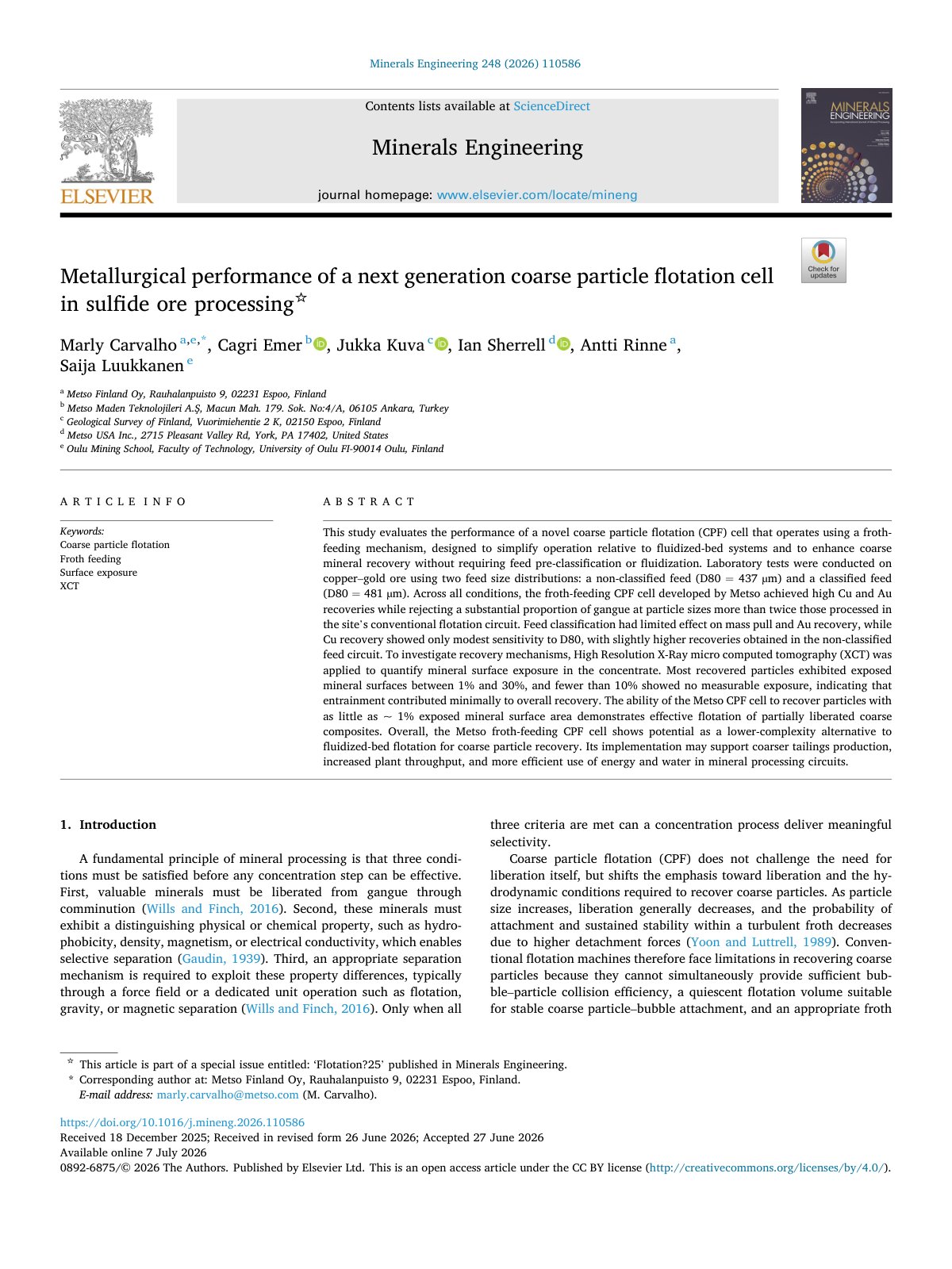 First page of Metallurgical performance of a next generation coarse particle flotation cell in sulfide ore processing