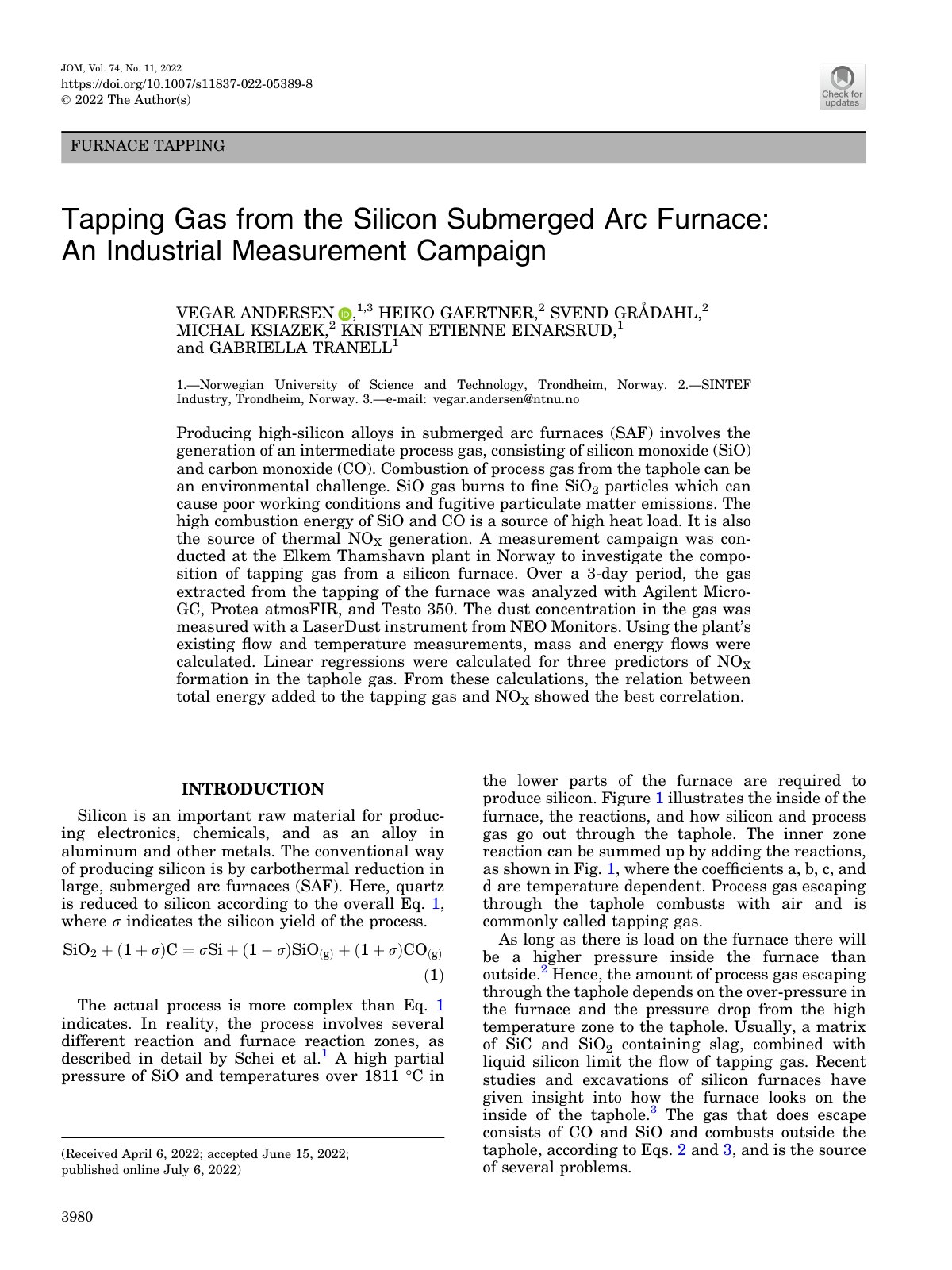 First page of 2022 Andersen et al Tapping Gas Silicon Submerged Arc Furnace