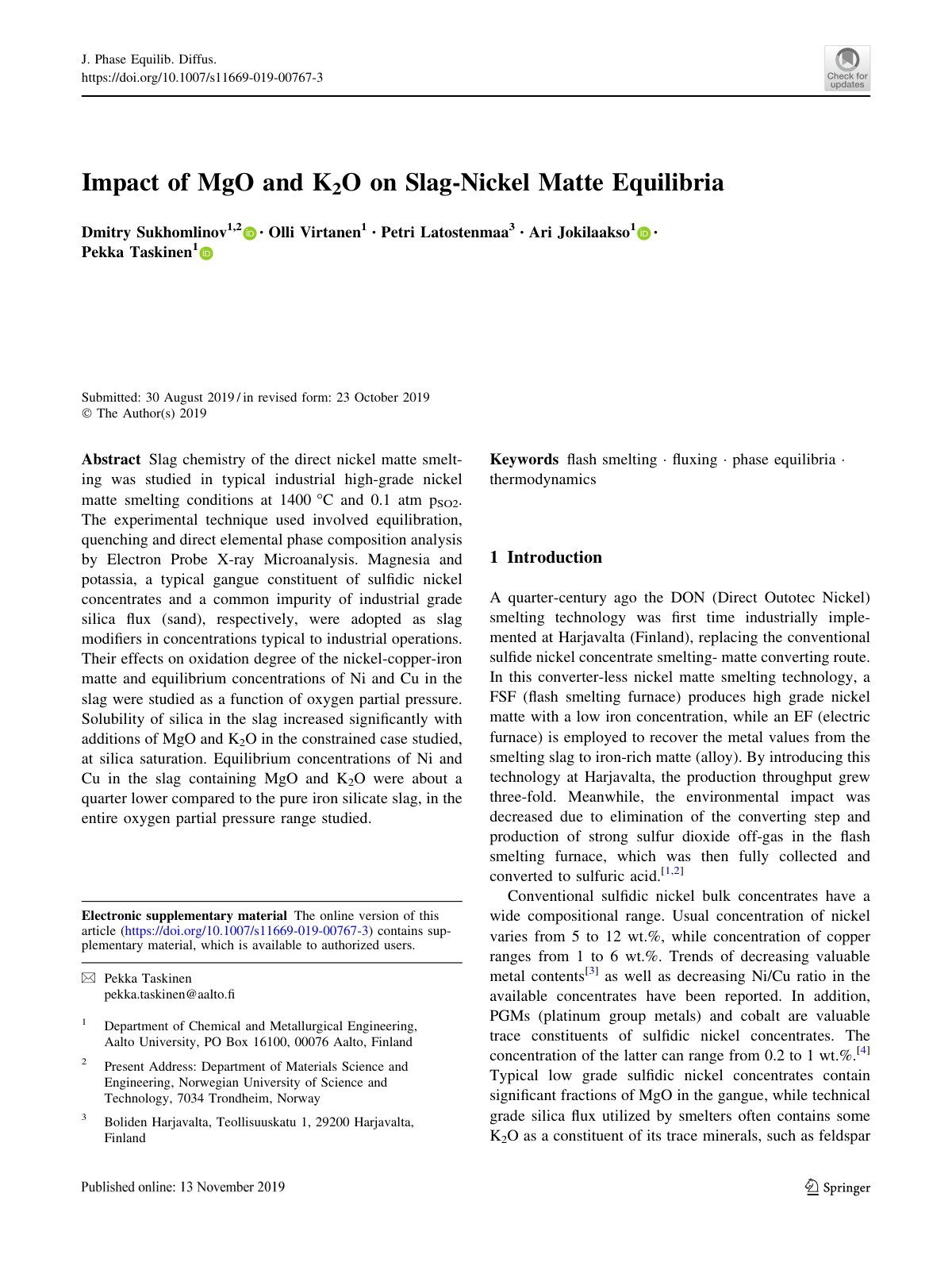 First page of Impact of MgO and K2O on Slag Nickel Mat