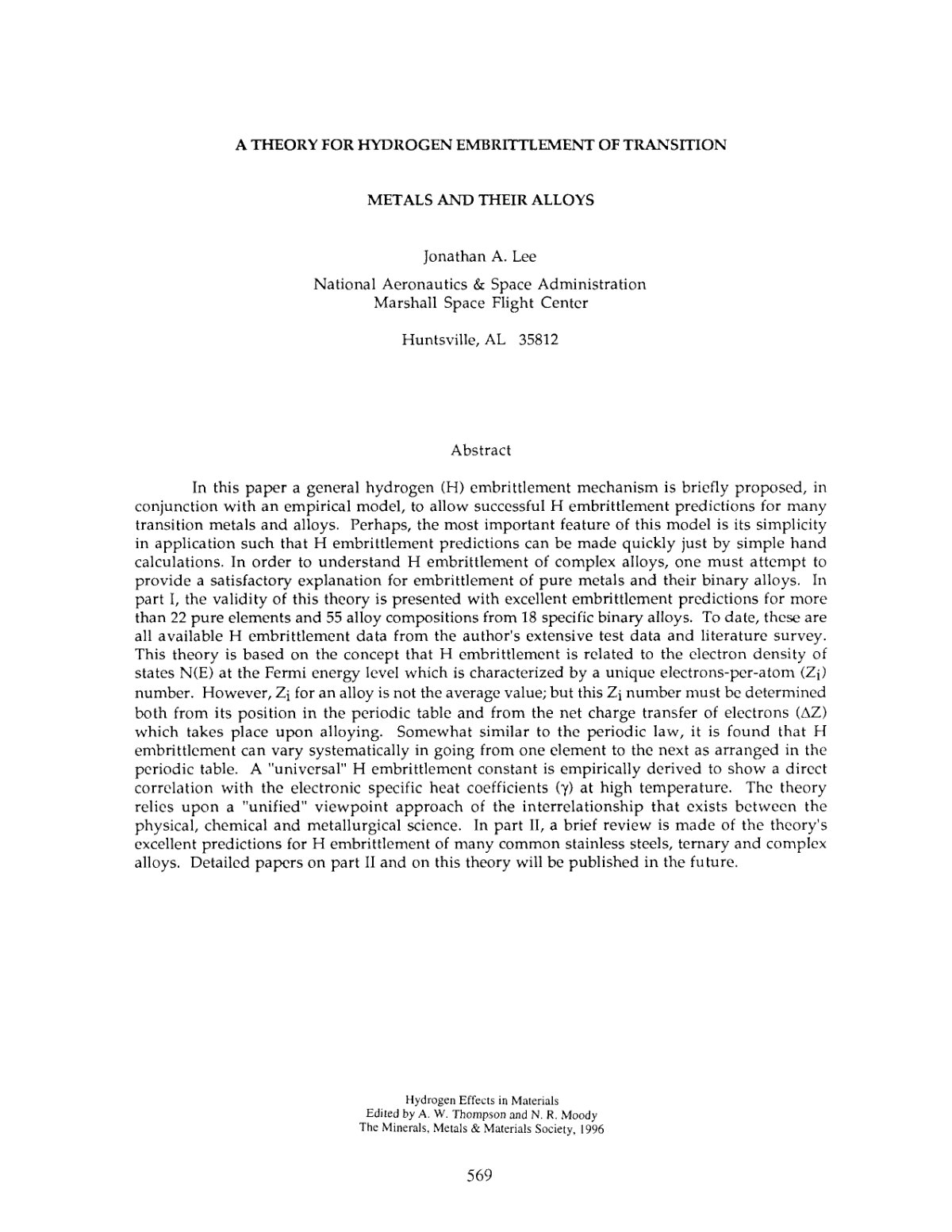 First page of A theory for hydrogen embrittlement of transition metals and their alloys