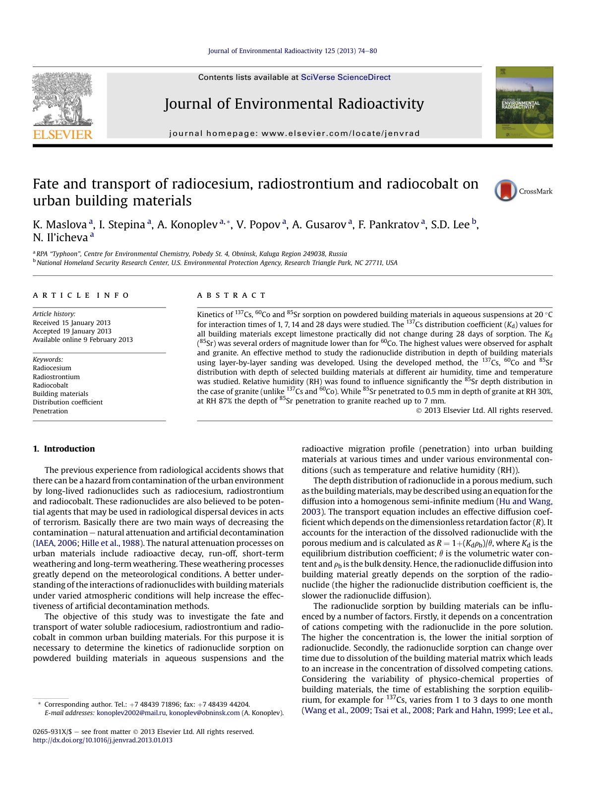 First page of Fate and transport of radiocesium, radiostrontium and radiocobalt on urban building materials