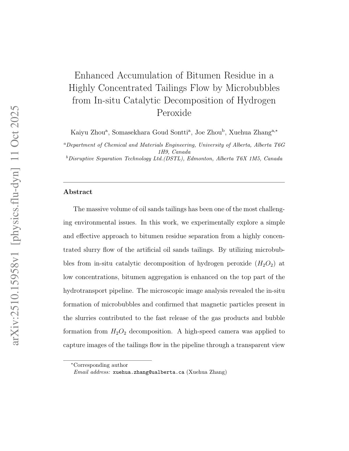 First page of Enhanced accumulation of bitumen residue in a highly concentrated tailings flow by microbubbles from in-situ catalytic decomposition of hydrogen peroxide