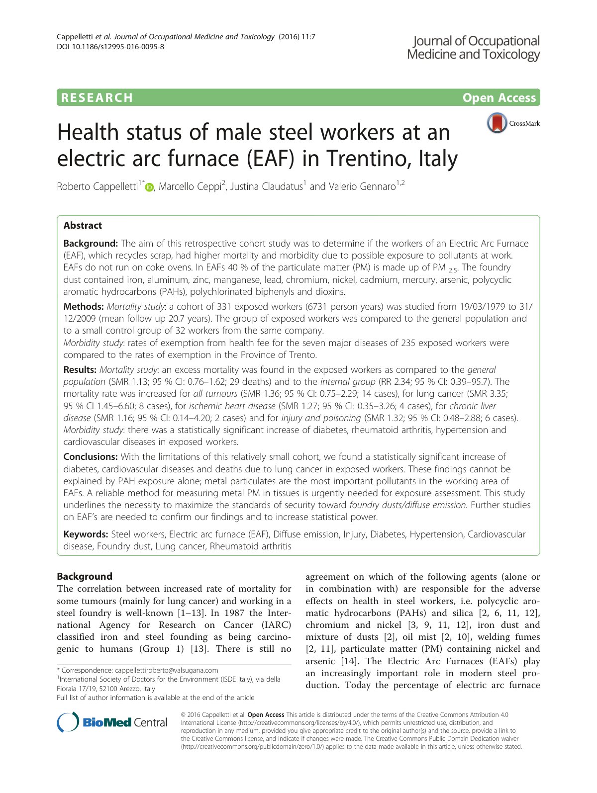 First page of 2016 Roberto Cappelletti Health status of male steel workers at an electric arc furnace EAF in Trentino Italy s12995 016 0095 8