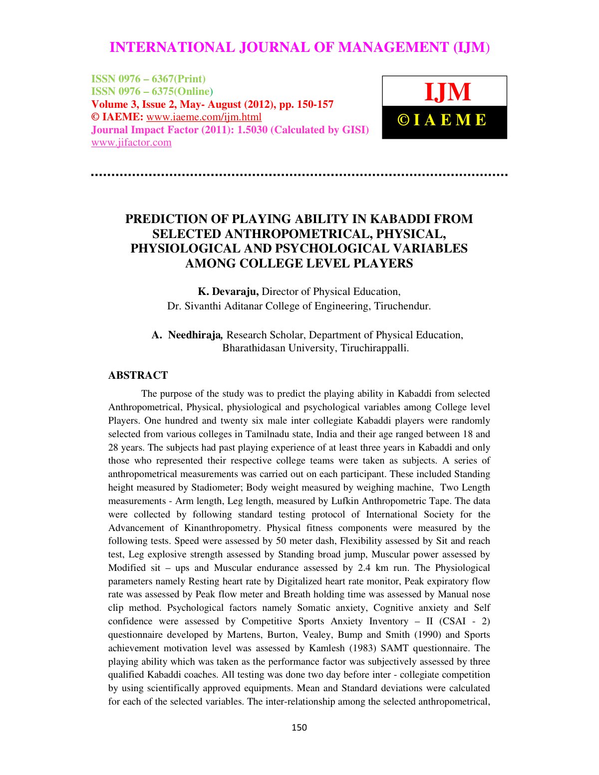 First page of PREDICTION OF PLAYING ABILITY IN KABADDI FROM SELECTED ANTHROPOMETRICAL, PHYSICAL, PHYSIOLOGICAL AND PSYCHOLOGICAL VARIABLES AMONG COLLEGE LEVEL PLAYERS