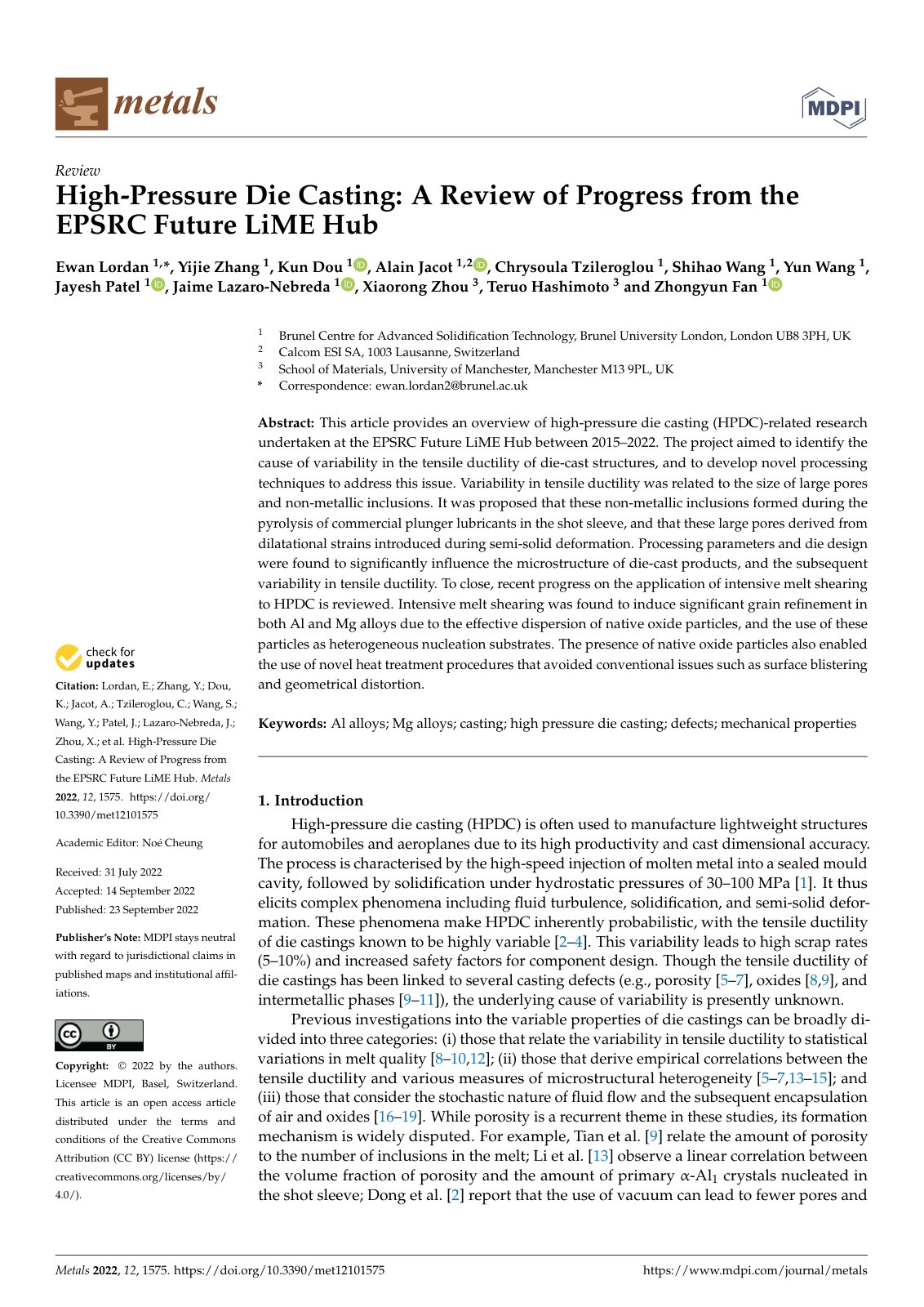 First page of High-Pressure Die Casting: A Review of Progress from the EPSRC Future LiME Hub