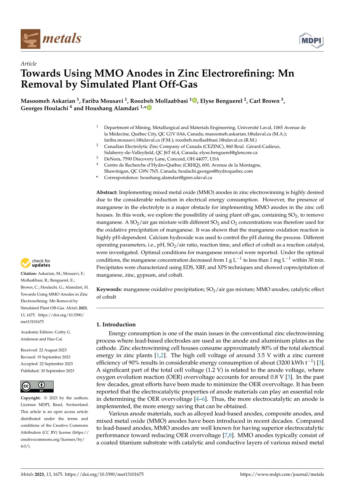 First page of Towards Using MMO Anodes in Zinc Electroreﬁning: Mn Removal by Simulated Plant Off-Gas