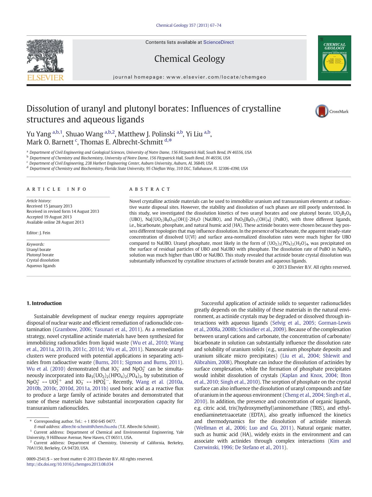 First page of Dissolution of uranyl and plutonyl borates: Influences of crystalline structures and aqueous ligands